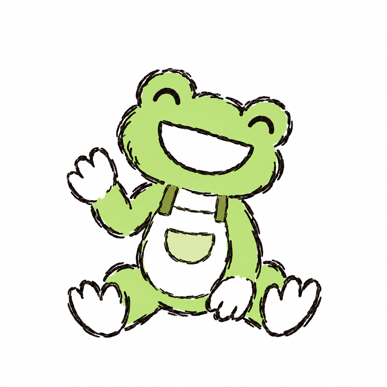 Our smiling Agro-Harvest frog in a white bib waves hello.