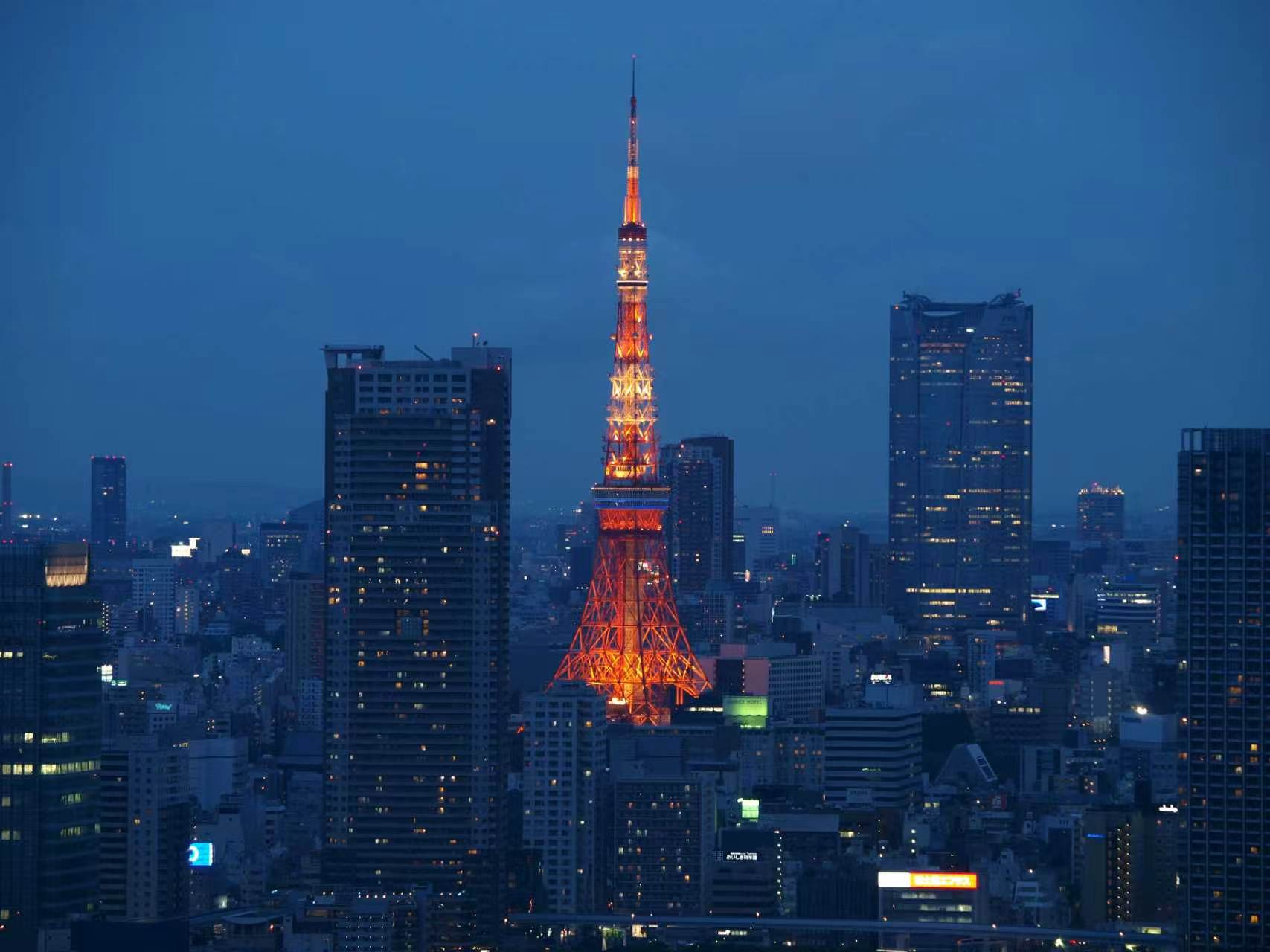 Illuminated Tokyo Tower amid the city skyline at blue hour, Japan