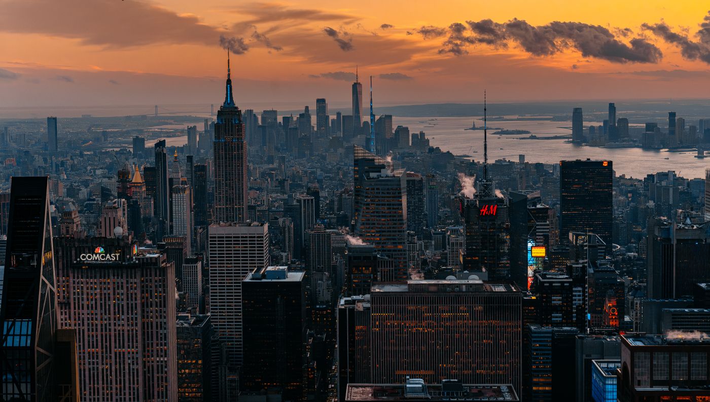 New York City skyline at sunset