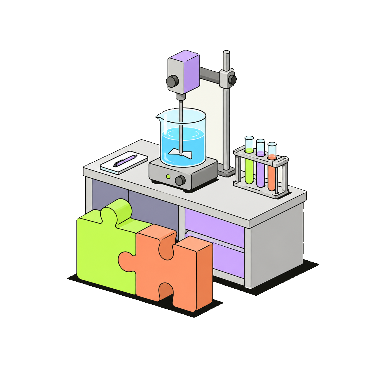 Overhead stirrer mixing a beaker on a lab bench, with test tubes