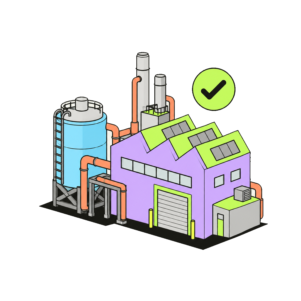 Factory with tank, pipes and checkmark badge