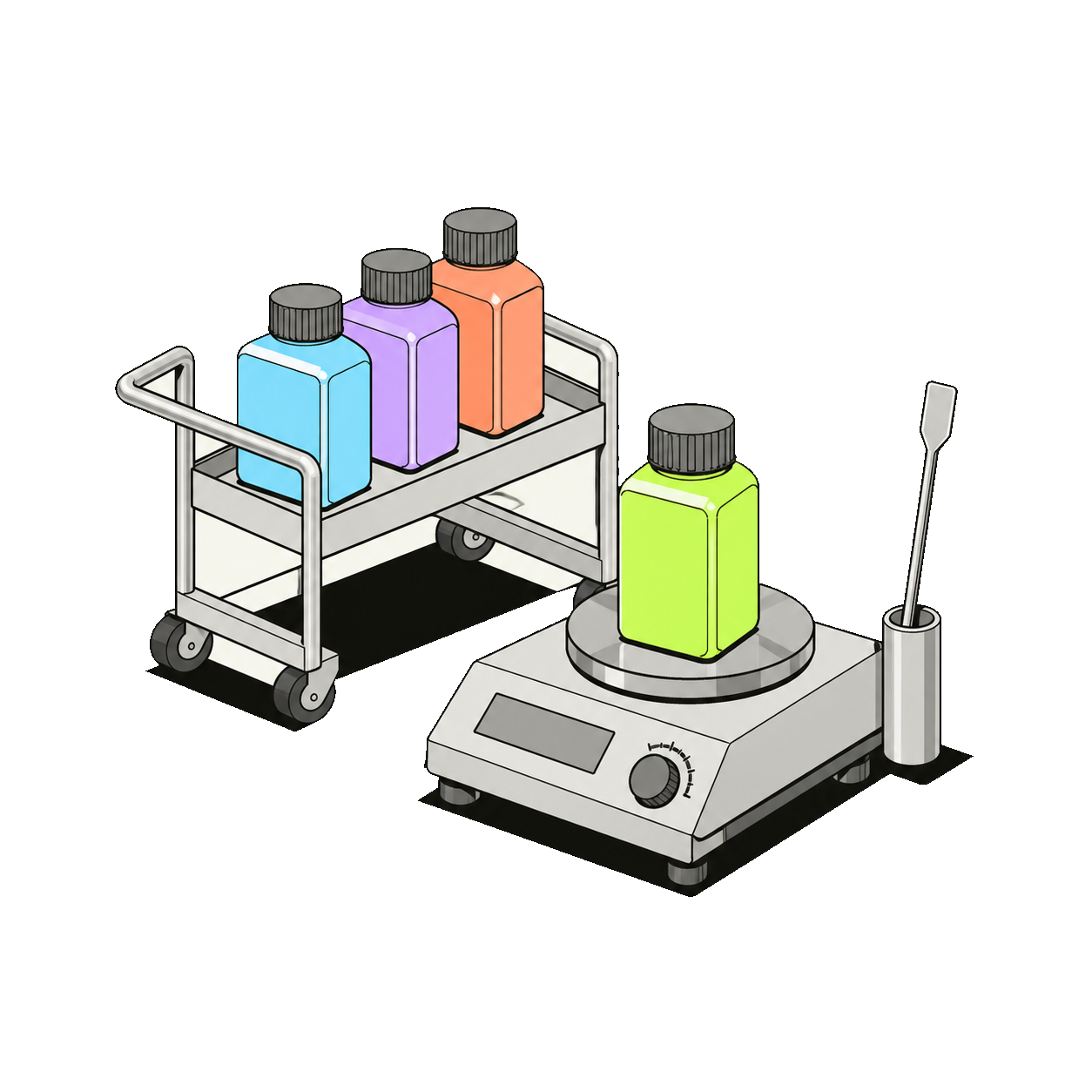 Reagent bottles on a cart and one bottle being weighed
